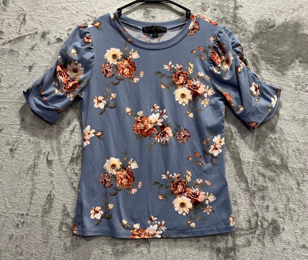 Women’s Muted Blue Floral Print Round Crew Neck Ruched Puff Sleeves Size Large